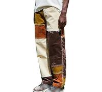 JEShifangjiusu Mens Patchwork Contrast Color Regular Fit Flex Jean Color Block Patched Skate Jeans Loose Casual Denim Trouser, Coffee, Large