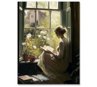 Jesicatmin Vintage Portrait Oil Painting Wall Art Retro Women Reading Books Window Posters Famous Antique Female Canvas Pictures Prints Wall Decor Aesthetic for Bedroom Gallery 12x16in Unframed