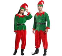 JESOHO Adult Unisex Elf Costume - Unisex Cheeky Christmas Fancy Costume includes Green top, Red Pants, belt, Red Hat, Black Elf Shoe Covers. Size:M