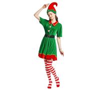 JESOHO Holiday Elf Hat, Women's Green Dress, Red Striped Stockings, Rubber Band Belt. 4-Piece Set (Sizes: S, M, L, XL)