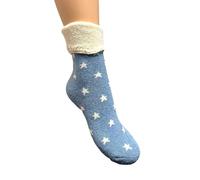 Jess & Lou Cuff Socks Super Cosy Thick Fluffy Towelling Warm Knitted Cuff Stretchy Loungewear Cute Design Gift Idea (Cornflower Star)