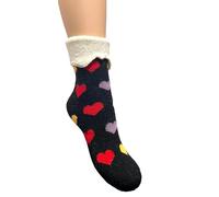 Jess & Lou Cuff Socks Super Cosy Thick Fluffy Towelling Warm Knitted Cuff Stretchy Loungewear Cute Design Gift Idea (Black Multi Love Heart)