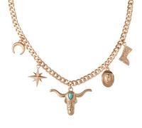 Jessica Simpson Multi Pendant Charm Necklace for Women 16.5-17"+3", Gold-Tone Chunky Necklace with Western, 16.5 inches, Costume, No Gemstone