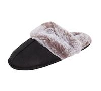 Jessica Simpson Women's Comfy Faux Fur House Slipper Scuff Memory Foam Slip on Anti-Skid Sole, Black, S