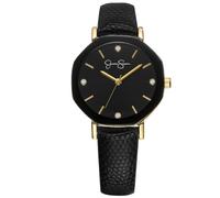 Jessica Simpson Women's Leather Band Watch, Octagong Faceted Crystal Dial, Classic Quartz Movement, Elegant Dress Watch for Women, Black, 32