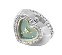 Jessica Simpson Women's Silver Adjustable Ring Watch - Crystal Heart Shaped Bezel, Quartz Analog Mini Dial, Stretch Band Fashion Jewelry Accessory, Silver/Green, 20.5, Contemporary