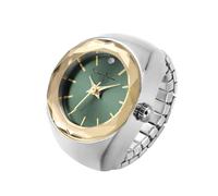 Jessica Simpson Women's Silver Adjustable Ring Watch -Faceted Gold Bezel, Quartz Analog Mini Dial with Crystal, Stretch Band Fashion Jewelry Accessory, Silver/Green, 20