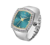 Jessica Simpson Women's Silver Ring Watch - Cushion Crystal Bezel, Teal Sunray Dial with Gold Accents, Stretch Expansion Band, Quartz Analog Fashion Accessory