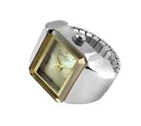 Jessica Simpson Women's Two-Tone Gold Ring Watch - Rectangular Champagne Sunray Dial, Gold Accents Silver Band, Stretch Expansion Band, Quartz Analog Fashion Accessory