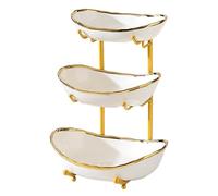 jessie 3 Tier Fruit Bowls for Kitchen Counter,Ceramic Large Fruit Basket Stand,Metal Fruit Serving Tray Snacks Nuts Cake Storage Holder (Gold 1)