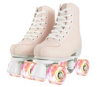 jessie Roller Skates for Women Transparent Flash Wheel, High Top PU Leather Classic Double-Row Womens Rollerblades, Indoor Outdoor Roller Skates for Beginner(Pearl Pink, 6 Size)