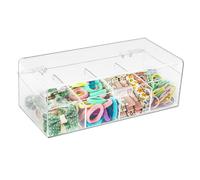 JessLab Hair Accessories Organizer for Girls, Acrylic Hair Bow Tie Clip Scrunchie Holder with Dividers, Clear Stackable Storage Box for Bathroom, Bedroom, Vanity Countertop (4 Compartment)