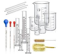 JESSTOLO Beaker Glass Cylinder Pipettes Set, 5pcs Thick Glass Graduated Beaker, 4pcs Glass Measuring Cylinder with 3pcs Glass Drip Pipettes, 4pcs Glass Stirring Rod and 2pcs Washing Brush