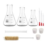 JESSTOLO Glass Erlenmeyer Flask Set, 3pcs Graduated Borosilicate Glass Heavy Wall Flask with Rubber Stopper(250ml, 200ml, 150ml), with 3pcs Glass Dropper, 2pcs Glass Stirring Rod and Cleaning Brush