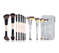 Jessup 7pcs Double Sided Makeup Brushes Peach Dust T600 and 7pcs Dual Ended Makeup Brush Set Quiet Gray T520