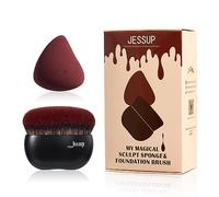 Jessup Black Foundation Brush Set with Makeup Sponge, Flat Top Kabuki Brush for Liquid Blending, Microfiber Bristles, 2-Piece Set