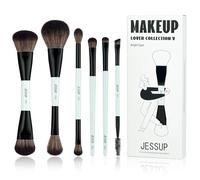 Jessup Makeup Brush Set 6pcs Double Sided Makeup Brushes Foundation Contour Blush Highlight Blending Eyebrow Brush Eyeshadow Brush, Vegan Make up Brushes Bright Cyan T501