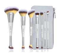 Jessup Makeup Brushes Set 7pcs Dual Ended Makeup Brush Premium Synthetic Foundation Contour Blush Highlight Blending Eyebrow Eyeshadow Shader Concealer Brush with Bag, Quiet Gray T520