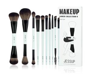 Jessup Makeup Brushes Sets 10pcs Double Ended Make up Brushes for Foundation Contour Blush Highlight Blending Eyebrow Brush Eyeshadow Eyeliner Concealer Brush Cruelty Free, Bright Cyan T500