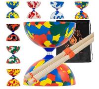 Jester Diabolo Set with Wood Sticks - Pro Medium Rubber Diablo Set With Wooden Handsticks and Cascade Carry Bag (Multicoloured)