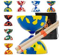 Jester Diabolo Set with Wood Sticks - Pro Medium Rubber Diablo Set With Wooden Handsticks and Cascade Carry Bag (Blue and Yellow)