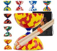 Jester Diabolo Set with Wood Sticks - Pro Medium Rubber Diablo Set With Wooden Handsticks and Cascade Carry Bag (Red and Yellow)