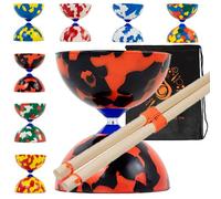 Jester Diabolo Set with Wood Sticks - Pro Medium Rubber Diablo Set With Wooden Handsticks and Cascade Carry Bag (Red and Black)