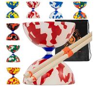 Jester Diabolo Set with Wood Sticks - Pro Medium Rubber Diablo Set With Wooden Handsticks and Cascade Carry Bag (Red and White)