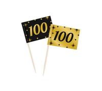 Jesters Party 100 Number Cocktail Picks - 50pcs Classy Party Toothpicks for 100th Birthday Party and Celebrations - Black and Gold Cocktail Sticks for Food Decorations