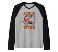 Jesus Always Wins Christian Basketball Motivational Bible Raglan Baseball Tee