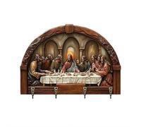 Jesus and Disciples Wall Art Key Holder - 2D Flat Rustic Wooden Key Organizer with 4 Metal Hooks, Farmhouse Religious Home Decor for Family & Friends