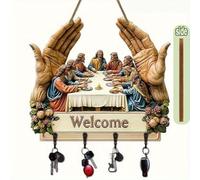 Jesus and Disciples Wall Art Keychain Holder, 2D Flat Jesus Disciples Key Rack Organizer with 4 Metal Hooks, Rustic Farmhouse Religious Decor, Religious Gifts for Family, Friends