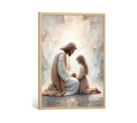 Jesus and Girl Wall Art Natural Wood Christian Religious Wall Decor Jesus Pictures for Living Room Modern Christian Posters for Bedroom Bible Scripture Framed Canvas Art 16x24 Inch