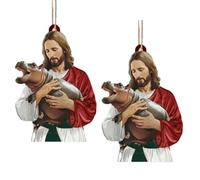 Jesus and Hippo Hanging Decoration,2D Acrylic Fun Pygmy Hippo Ornament,Cross for Car Mirror Hanging Christian Gifts for Men Women, Christmas Ornaments for Christmas Tree,Gift of Humor,Love,and Faith