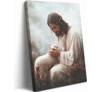 Jesus and Lamb Canvas Wall Art Jesus Holding the Lamb Lost Among Flowers Wall Decor Christian Bible Stories Spiritual Poster Painting Prints Art for Living Room Bedroom Church