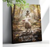 Jesus and Lamb Canvas Wall Art Jesus Leaves The 99 Sheep Wall Art Christian Jesus Running After Lost Lamb Wall Decor Scripture Pictures Framed Artwork Print Painting For Living Room Bedroom 8"X10"