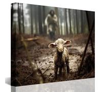 Jesus and Lamb Canvas Wall Art Jesus Running After Lost Lamb Picture Wall Art Canvas Print Christian Home Decor 30x24 inch (Landscape)