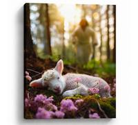 Jesus and Lamb Canvas Wall Art Jesus Runs for the Lost Sheep In Spring Forest Picture Wall Art Canvas Print Christian Home Decor 8x10 inch