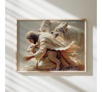 Jesus and Lamb Canvas Wall Art Jesus Saves the Lost Lamb Picture Wall Decor God Protect a Lamb from Wolves Painting Print Christian Poster Gift for Christians Christian Bedroom Church Home Decor