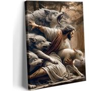 Jesus and Lamb Canvas Wall Art Jesus Saves The Lost Lamb Picture Wall Decor God Protect A sheep From Wolves Painting Print Christian Poster Artwork for Living Room Bedroom Church（16x24in Canvas）