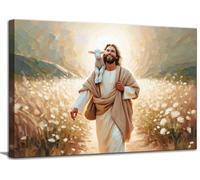 Jesus and Lamb Canvas Wall Art Jesus Saves the lost lamb Wall Decor Pictures Walking Among Flowers Painting Posters Prints for Dining Living Room Kitchen Wall Bedroom Decoration