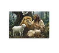 Jesus And Lamb Canvas Wall Art The Lion of Judah Dove Lamb Christian Biblical Story Painting Picture Wall Decor Jesus Christ Poster Print for Living Room Church Prayer Room Bedroom Home Decoration12x1