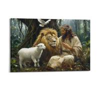 Jesus And Lamb Canvas Wall Art The Lion of Judah Dove Lamb Christian Biblical Story Painting Picture Wall Decor Jesus Christ Poster Print for Living Room Church Prayer Room Bedroom Home Decoration20x3