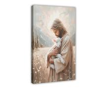 Jesus And Lamb Wall Art, Jesus The Good Shepherd Wall Decor, Religious Christian Canvas Painting for Church LDS Bedroom Living Room Frame-style-2 12x18inch(30x45cm)