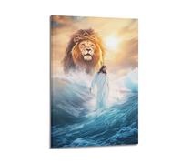 Jesus And Lion Wall Art Hanging Paintings Poster Jesus Walking on Water Portrait Jesus Christ Christian Canvas Artwork Sacred Religious Decor for Home Church Prayer Spaces 24x36inch(60x90cm)