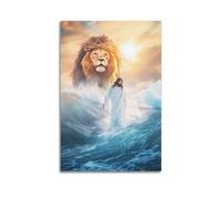 Jesus And Lion Wall Art Hanging Paintings Poster Jesus Walking on Water Portrait Jesus Christ Christian Canvas Artwork Sacred Religious Decor for Home Church Prayer Spaces 24x36inch(60x90cm)