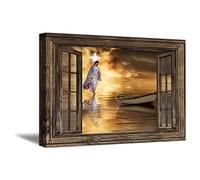 Jesus Canvas Wall Art God Walking On Water Wall Decor Simulation 3D Window Effect Poster Prints Christ Cross Painting Inspirational Artwork Modern Home Decorations (8"x10" (20x25cm), Framed)