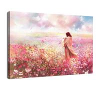 Jesus Canvas Wall Art Jesus Holding Lamb Wall Pictures Pink Floral Field Landscape Wall Decor Rustic Christian Religious Prints Painting for Bedroom Living Room Bedroom Hallway Home Decoration 30x40cm