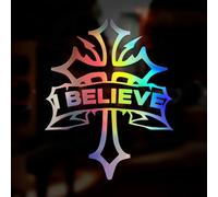 Jesus Car Sticker, I Believe Sticker Car Decal, Oil Slick Chrome Holographic Iridescent Car Decal Sticker, Window Bumper, Caravan Sticker, Cross, Christ Christian Faith, 150mm
