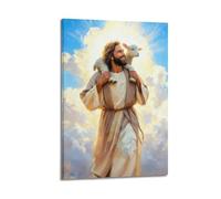 Jesus Carrying The Lamb Canvas Wall Art Jesus Leaving The Ninety-Nine Sheep Wall Decor Painting Christ The Good Shepherd Printed Artwork Suitable for Living Rooms, Bedrooms, And Church Decorations12x1